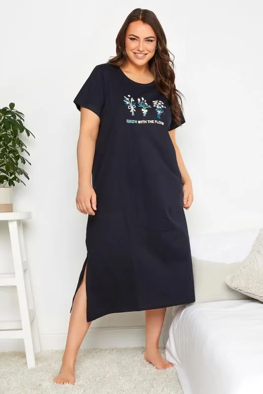 YOURS Curve Navy Blue 'Grow With The Flow' Midaxi Nightdress