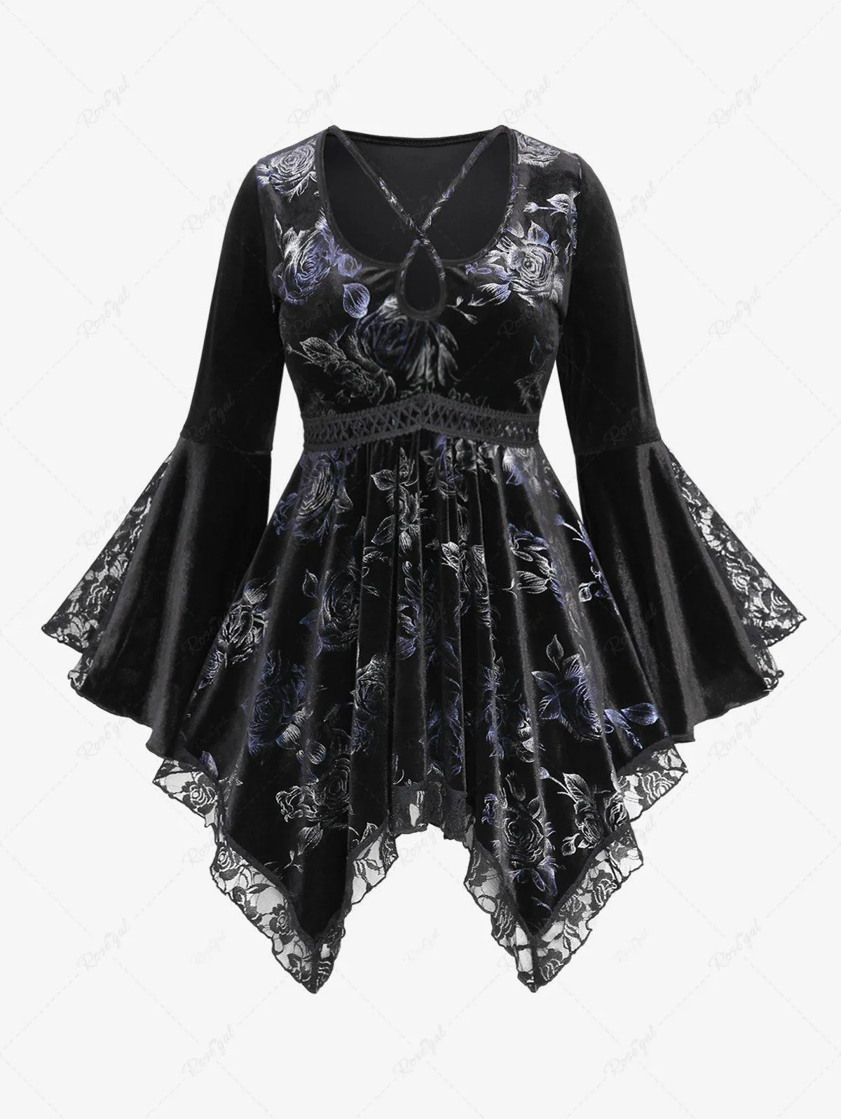 Plus Size Flare Sleeves Floral Printed Keyhole Crisscross Lace Panel Handkerchief Braided Belt Tee - 1x | Us 14-16