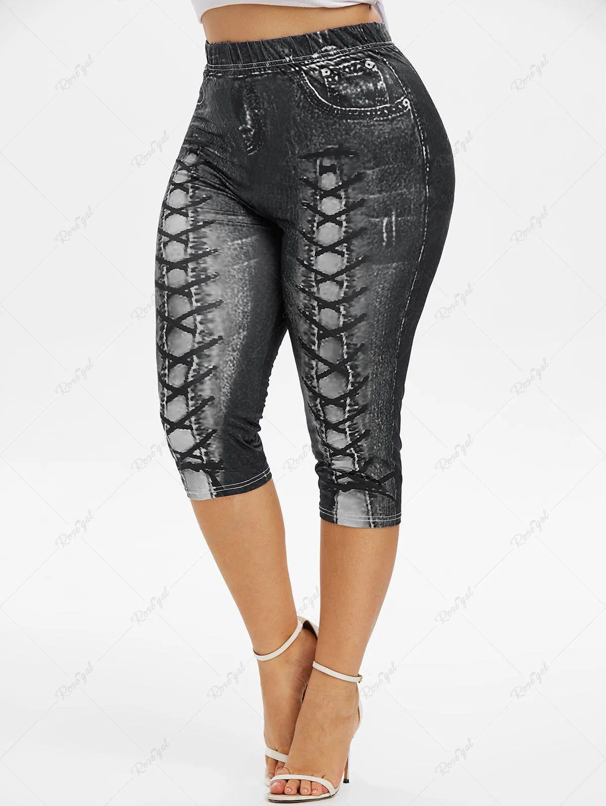 Plus Size High Waist 3D Lace Up Jean Print Capri Leggings - 2x | Us 18-20