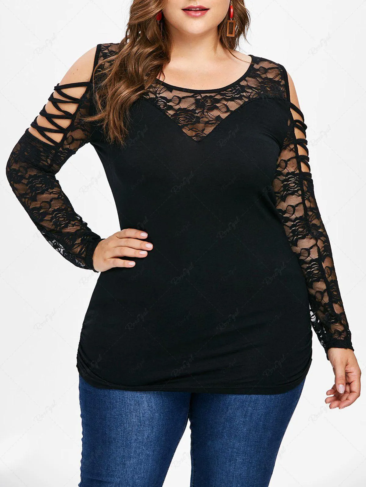 Plus Size Braided Floral Lace Cold Shoulder T-shirt - L | Us 12