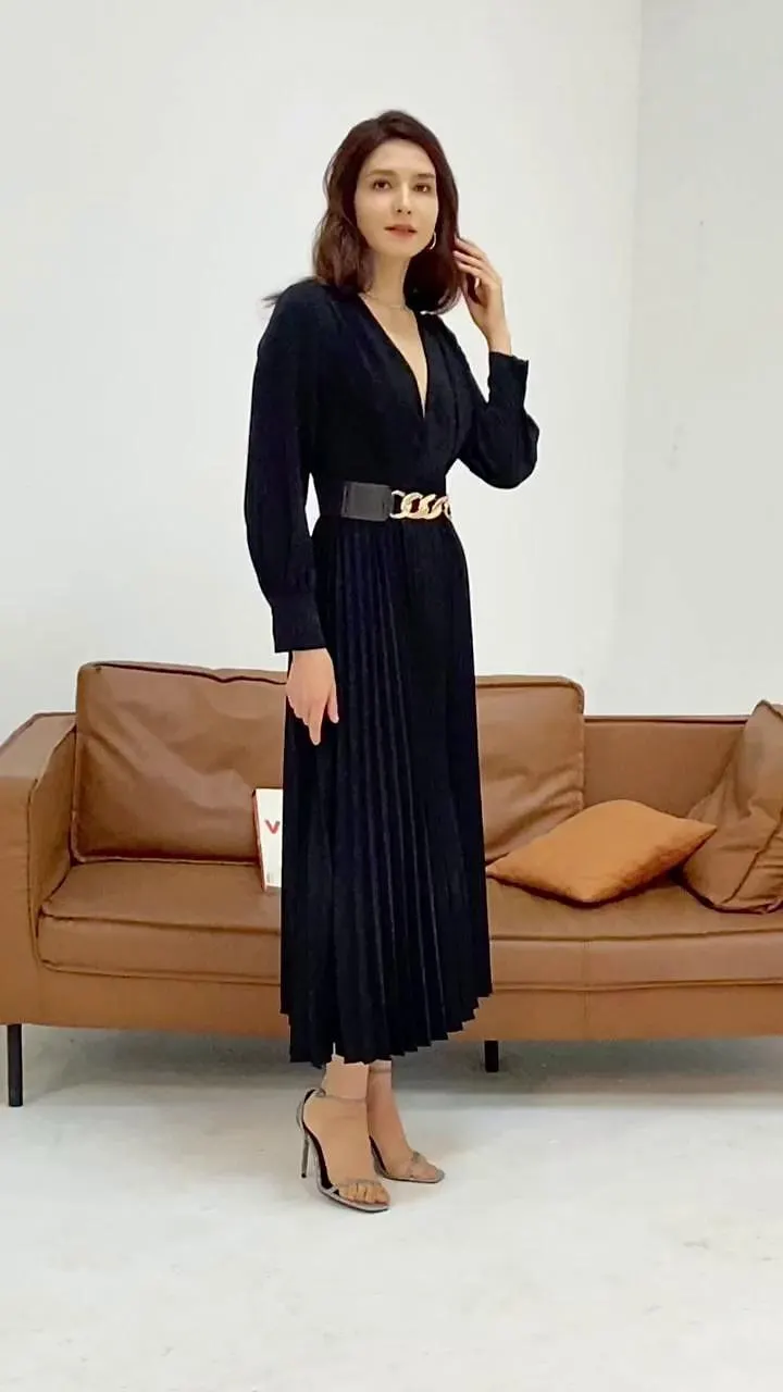 Women's Party Dress Casual Dress Satin Maxi Long Dress Maxi Dress Black Long Sleeve Plain plain color Pleated Button Belted Summer Spring Fall Deep V Elegant Party Fashion Party Birthday Evening Party
