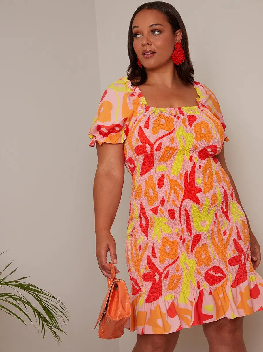 Plus Size Ruffle Shirred Abstract Print Mini Dress in Orange