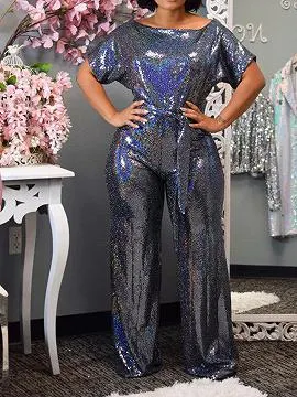 Blue Off Shoulder Tie Waist Jumpsuit