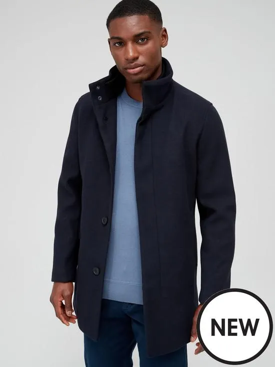 Very Man Faux Wool Funnel Neck Coat - Navy