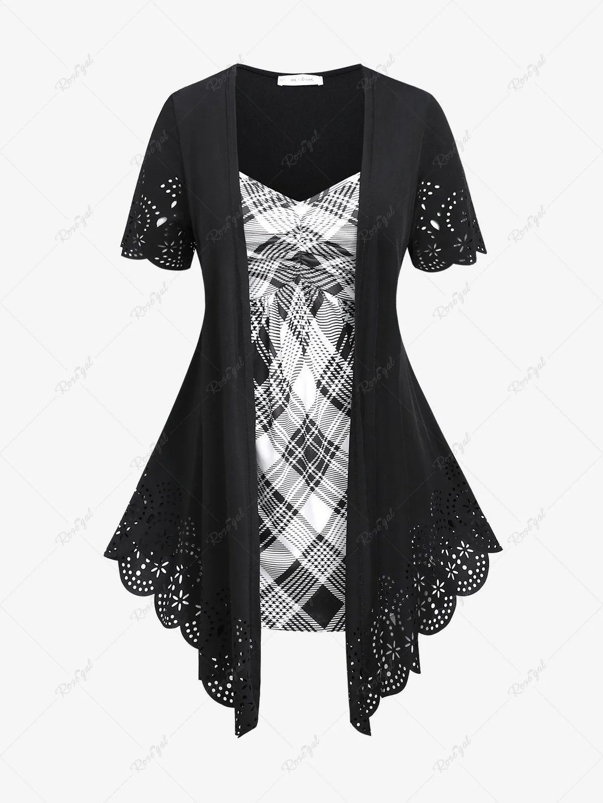 Plus Size Plaid Ruched Hollow Out Floral Trim T-shirt - L | Us 12