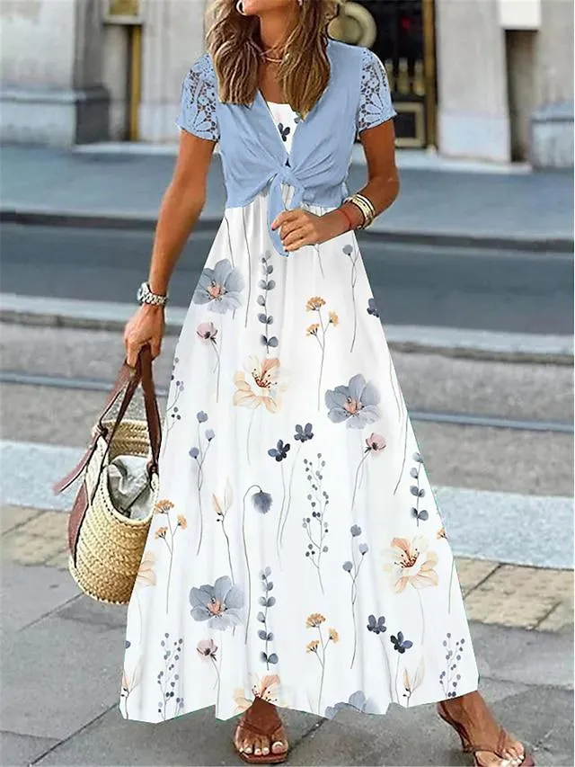 Women's Lace Dress Two Piece Dress Set Casual Dress Swing Dress Outdoor Daily Fashion Elegant Lace up Lace Long Dress Maxi Dress Crew Neck Short Sleeve Floral Regular