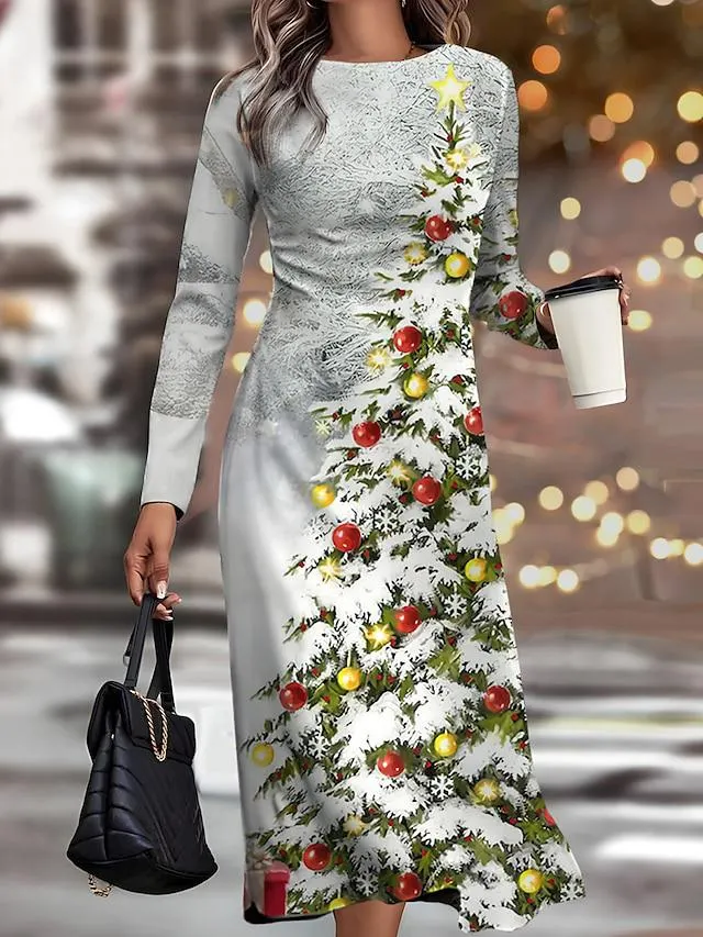 Women's Christmas Work Dress Casual Dress Semi Formal Dress Fashion Winter Dress Daily Midi Dress Print Crew Neck Long Sleeve Santa Claus Snowman Slim White Wine Blue Fall Winter S M L XL XXL