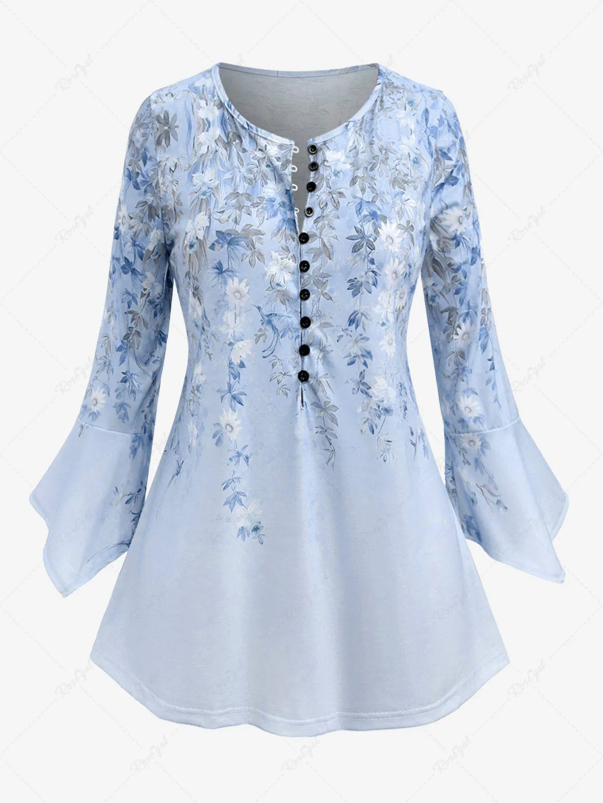 Plus Size Flower Leaf Printed Buttons 3/4 Length Flare Sleeves T-shirt - Xl