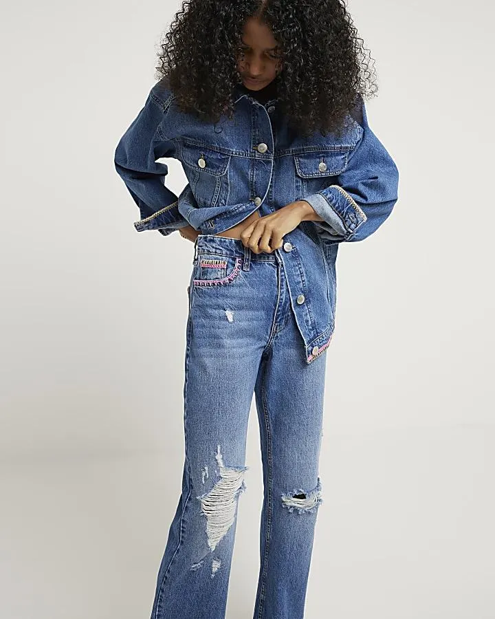 Blue stitch detail relaxed straight jeans