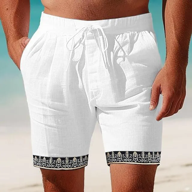 Men's Shorts Linen Shorts Summer Shorts Beach Shorts Patchwork Drawstring Elastic Waist Color Block Comfort Breathable Short Casual Daily Holiday Linen Cotton Blend Fashion Ethnic Style Black White