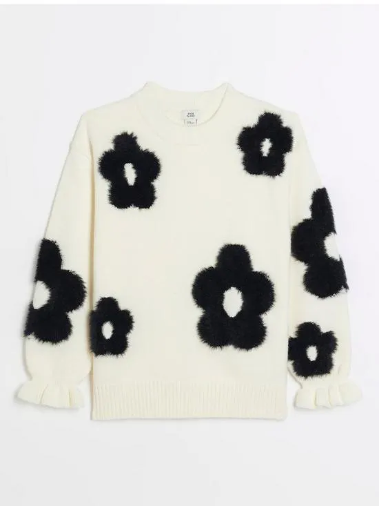 Girls Fluffy Floral Jumper - Cream