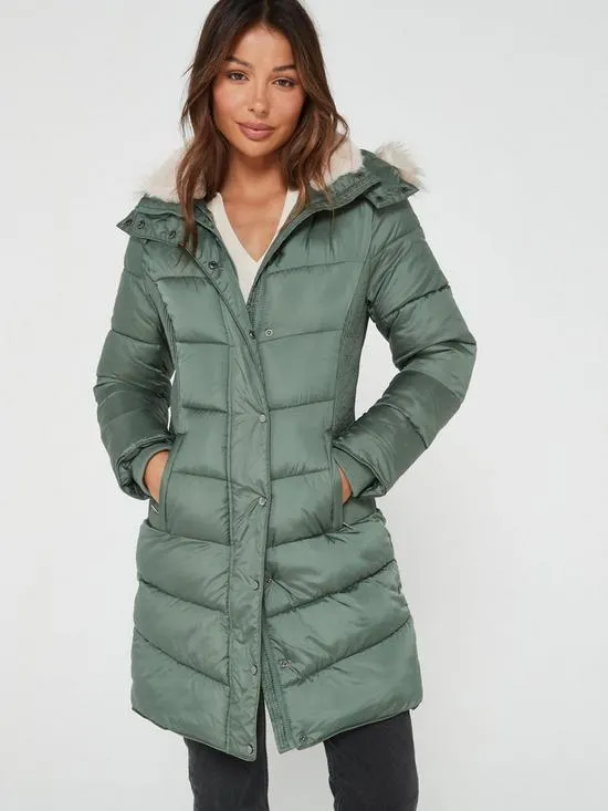 Waist Detail Padded Coat - Green