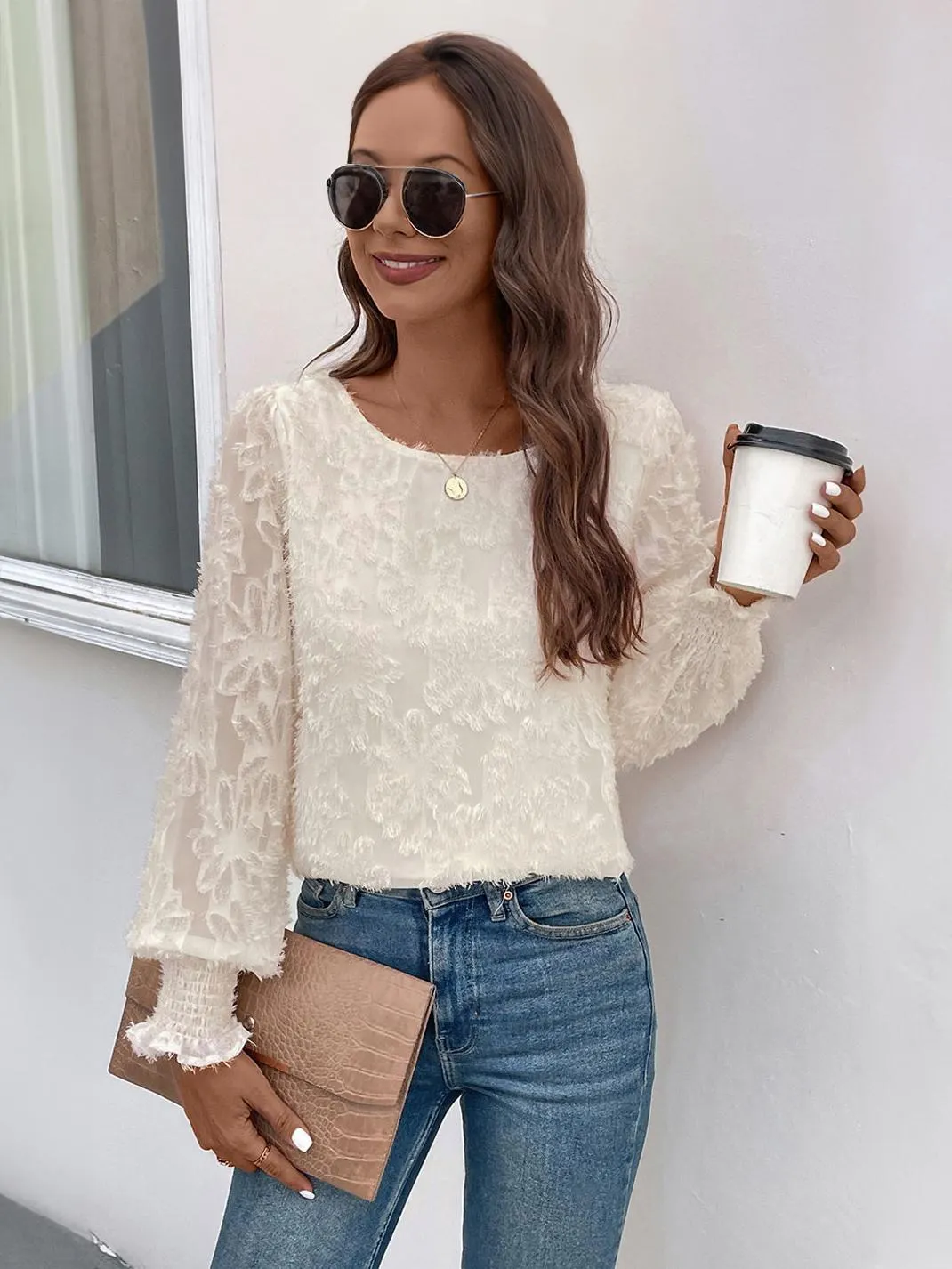 Blouse For Women White Layered Jewel Neck Elegant Long Sleeves Polyester Tops