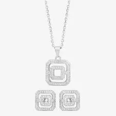 Silver Pavé Open Square Pendant and Earring Set E611954+P612150