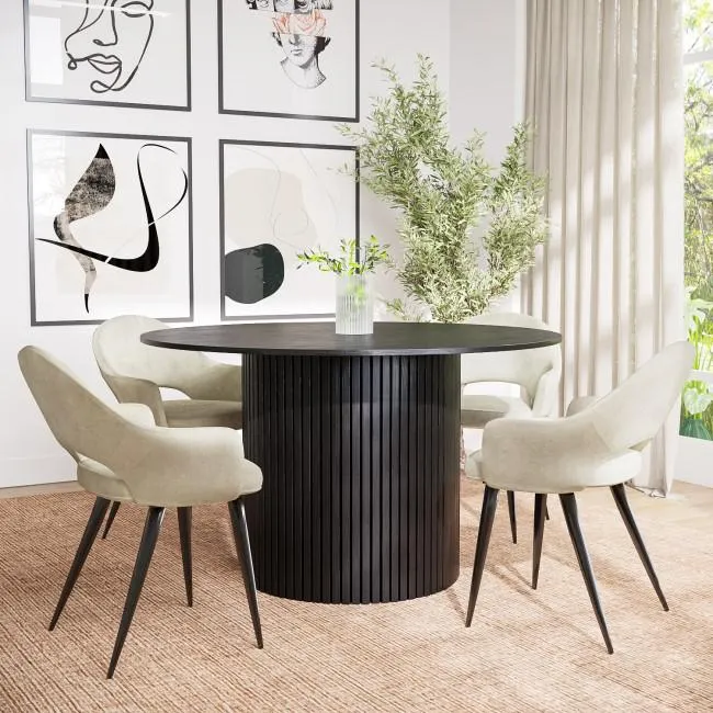 Round Black Oak Dining Table with 4 Beige Fabric Dining Chairs - Jarel