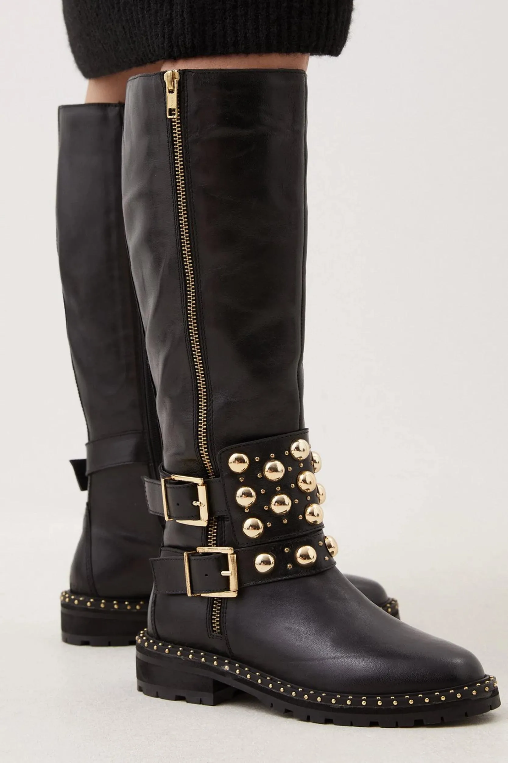 Leather Studded Statement Knee High Boot