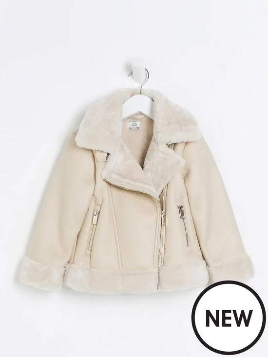 Mini Girls Faux Fur Aviator Jacket - Cream