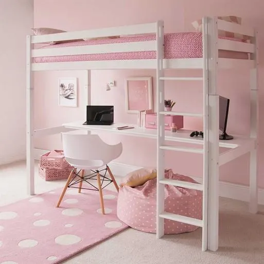 Beech High Sleeper Loft Bed with Full Length Desk