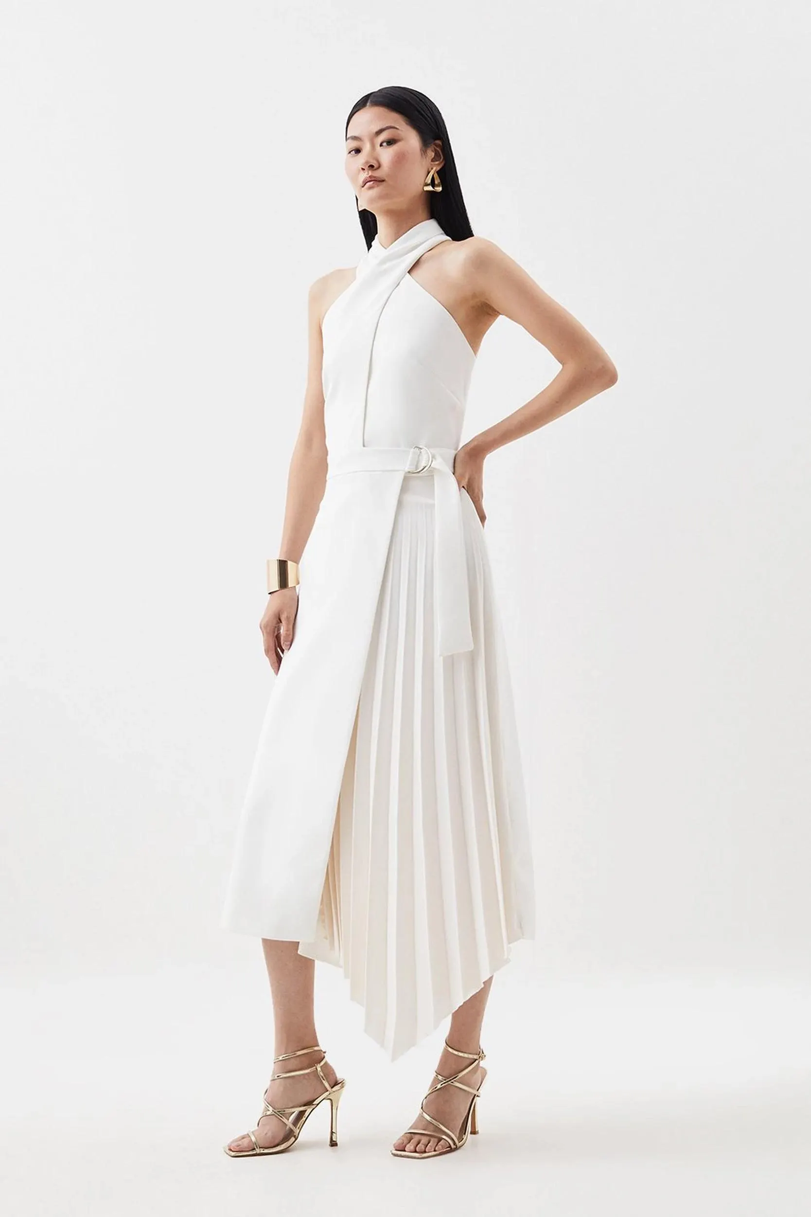 Compact Stretch Halter Neck Pleat Detail Midi Dress