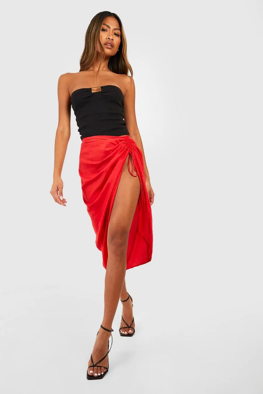 Ruched Split Side Midi Skirt
