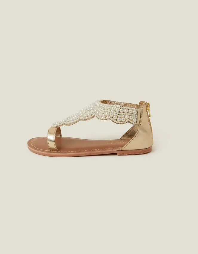 Girls Pearl Embellished Sandals Cream