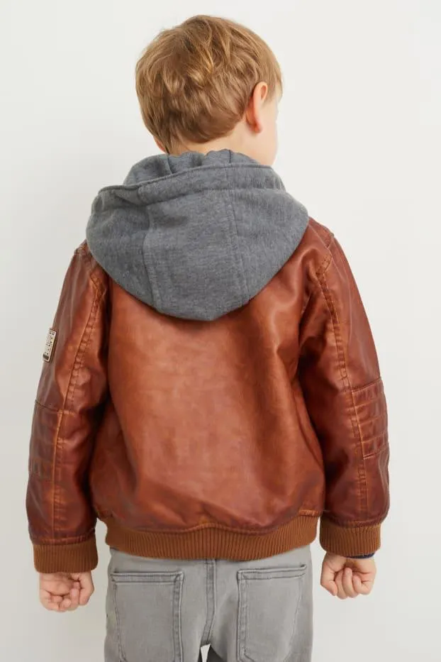 Biker jacket with hood - faux leather