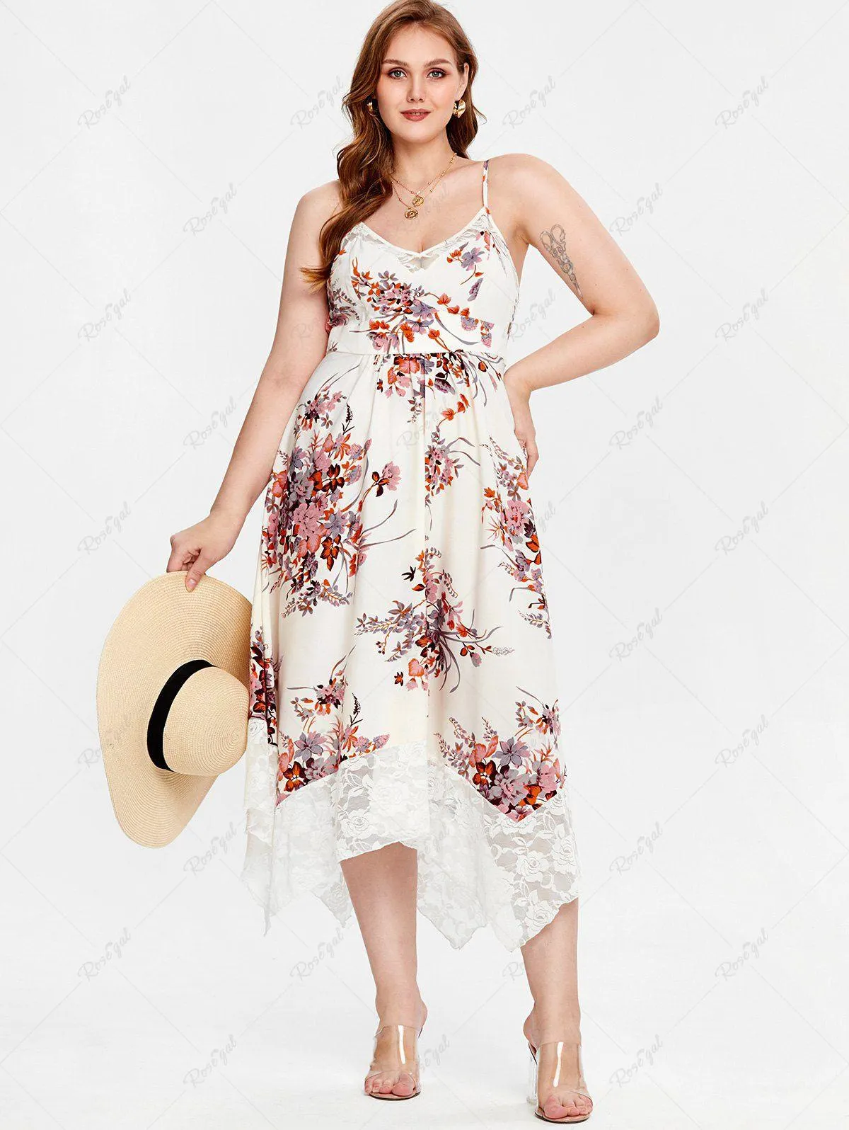 Plus Size Lace Panel Floral Print Handkerchief Midi Sundress - L | Us 12