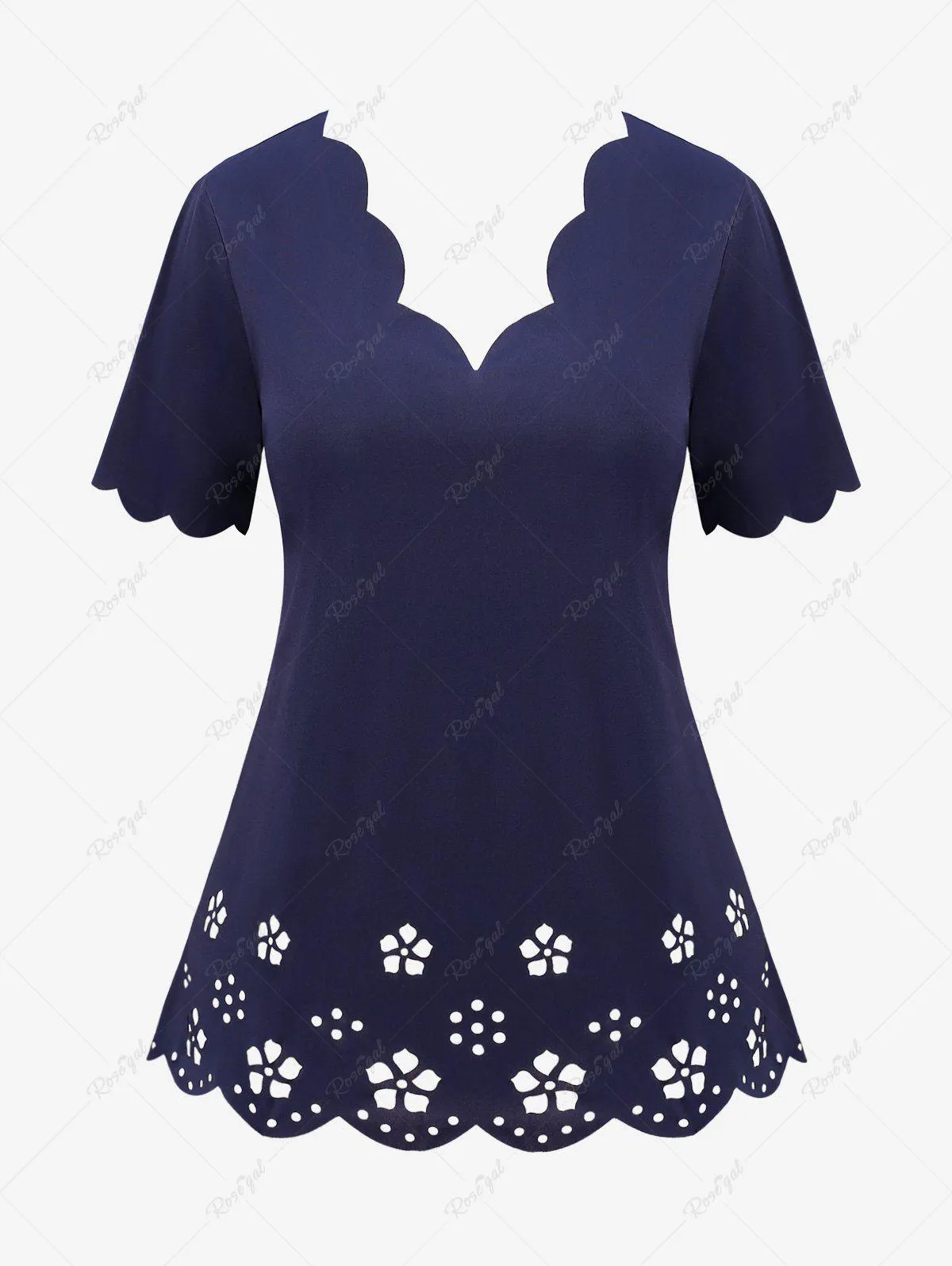 Plus Size Floral Hollow Out Scalloped Solid Color T-shirt - 4xl