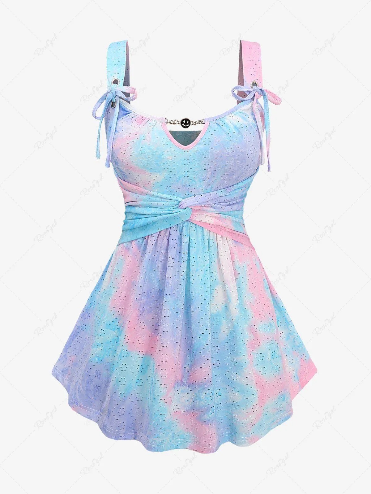 Plus Size Ombre Colorblock Tie Dye Print Smile Chain Panel Grommets Tie Twist Hollow Out Tank Top - 4x | Us 26-28