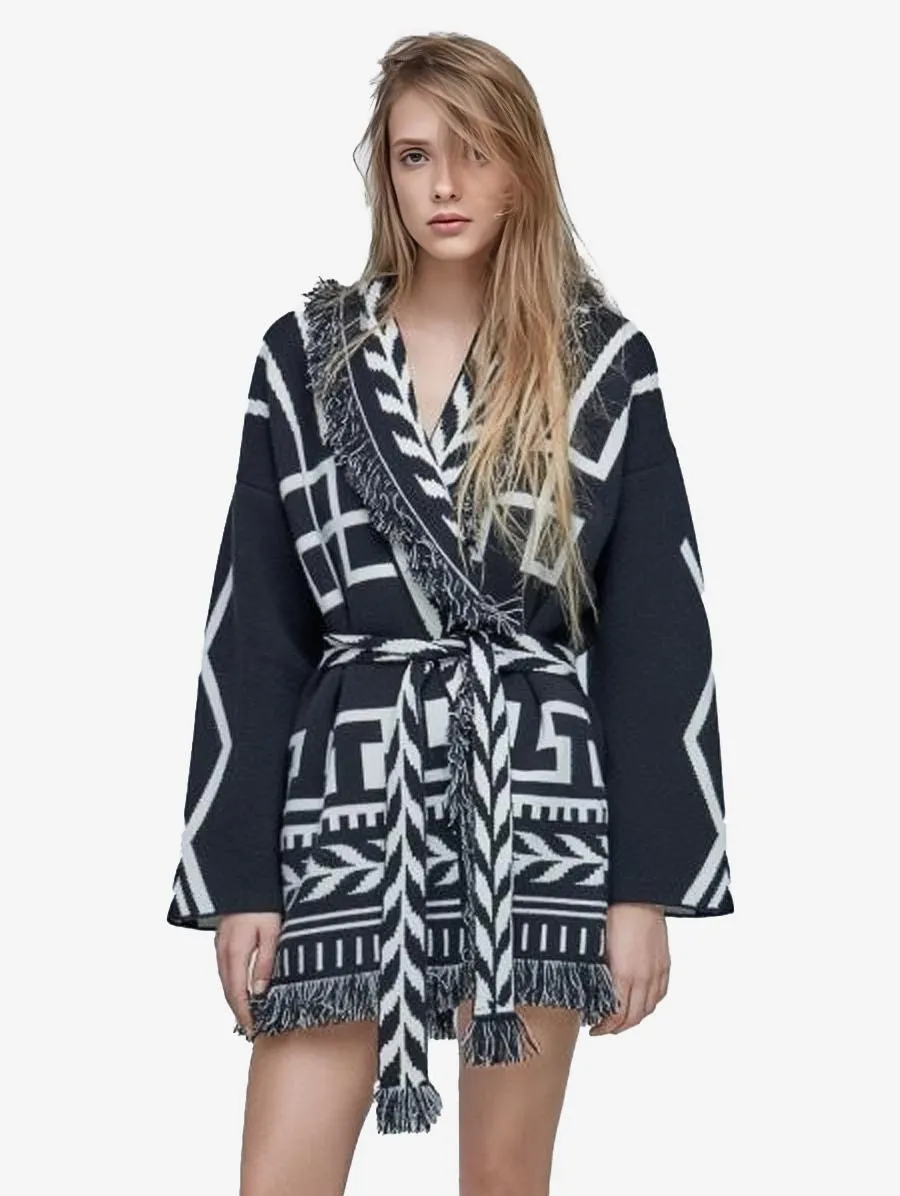 Jacquard Cardigans Tassel Trim Belted Geometric Inspired Wool Blend Sweater