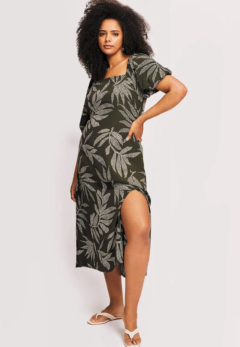 Womens Dark Green Leaf Midi Dress