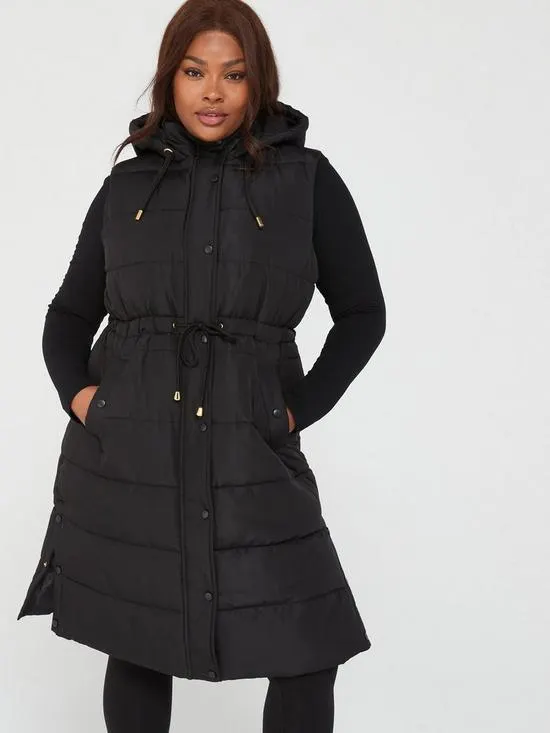 Longline Hooded Puffer Gilet - Black