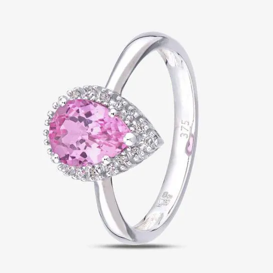 9ct White Gold Created Pink Sapphire Diamond Pear Cluster Ring PR07331WCPSA