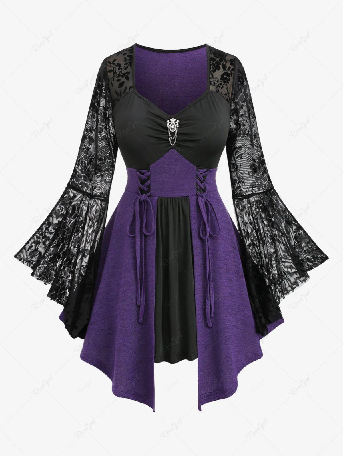 Plus Size Floral Mesh Panel Bell Sleeves Lace Up Ruched Asymmetric Long Sleeves T-shirt - 4x | Us 26-28