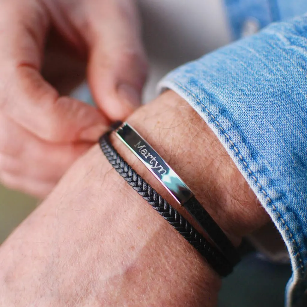 Personalised Men's Black Leather Sliding Bar Bracelet