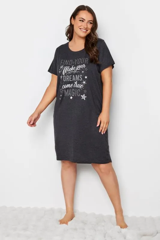 YOURS Curve Grey Star Textured 'Find Your Magic' Slogan Nightdress