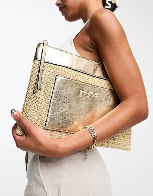 River Island raffia clutch bag with faux leather detail in beige