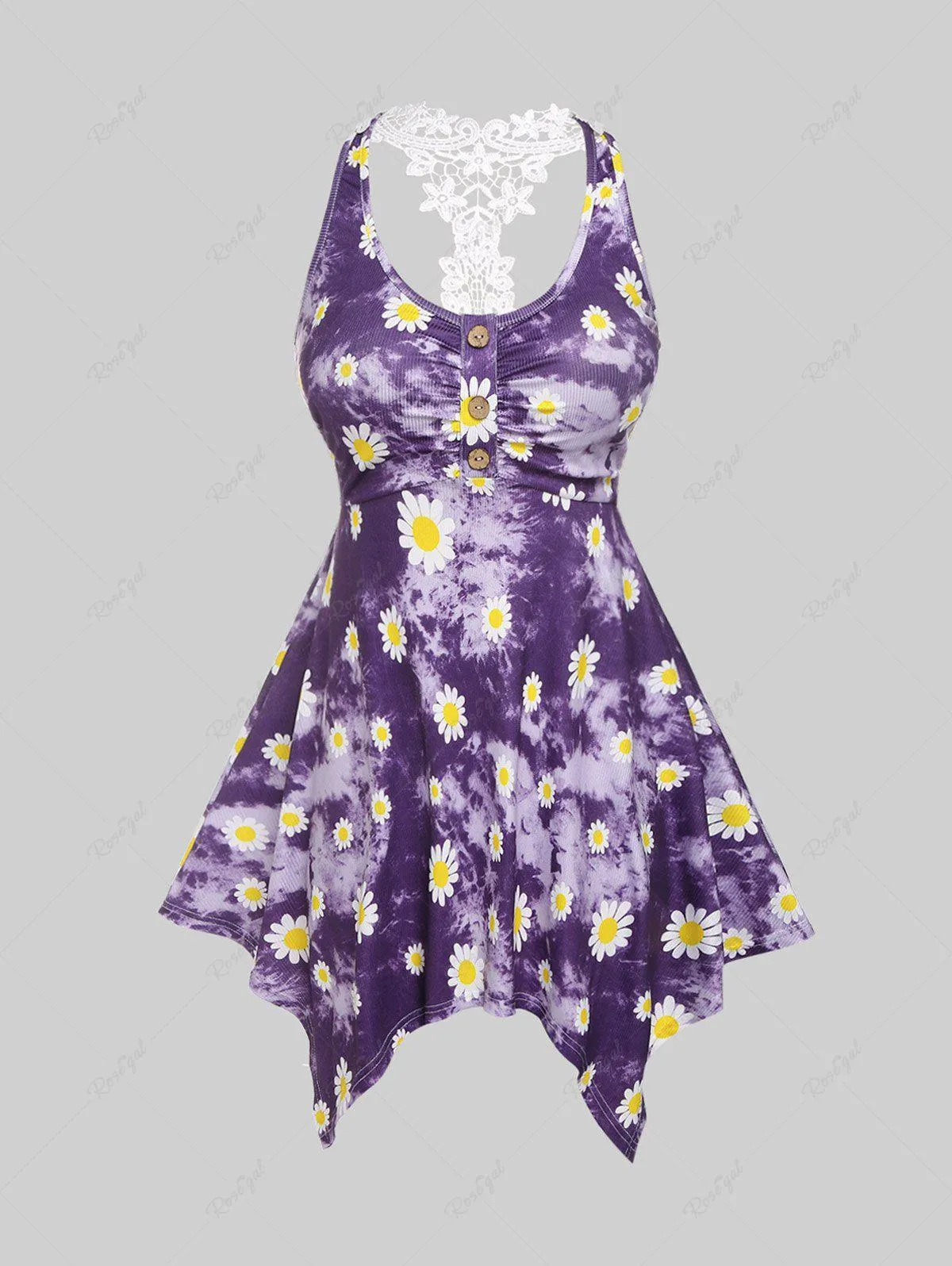 Plus Size Ribbed Tie Dye Daisy Print Guipure Lace Back Tank Top - 1x | Us 14-16