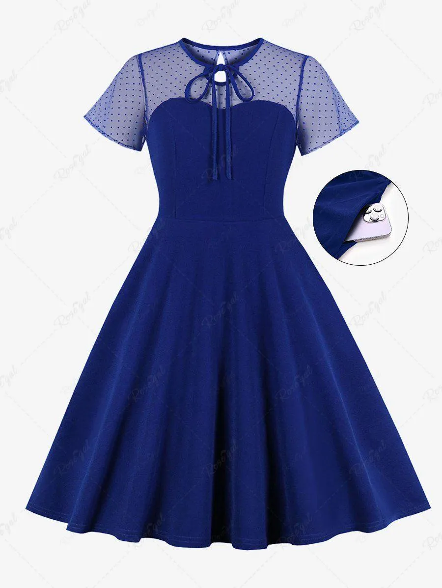 Plus Size Tie Polka Dot Mesh Patchwork 1950s Vintage Pocket Dress - 4xl