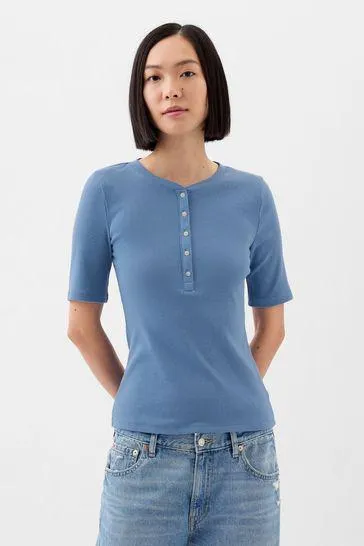 Ribbed Henley Quarter Sleeve Crew Neck T-Shirt
