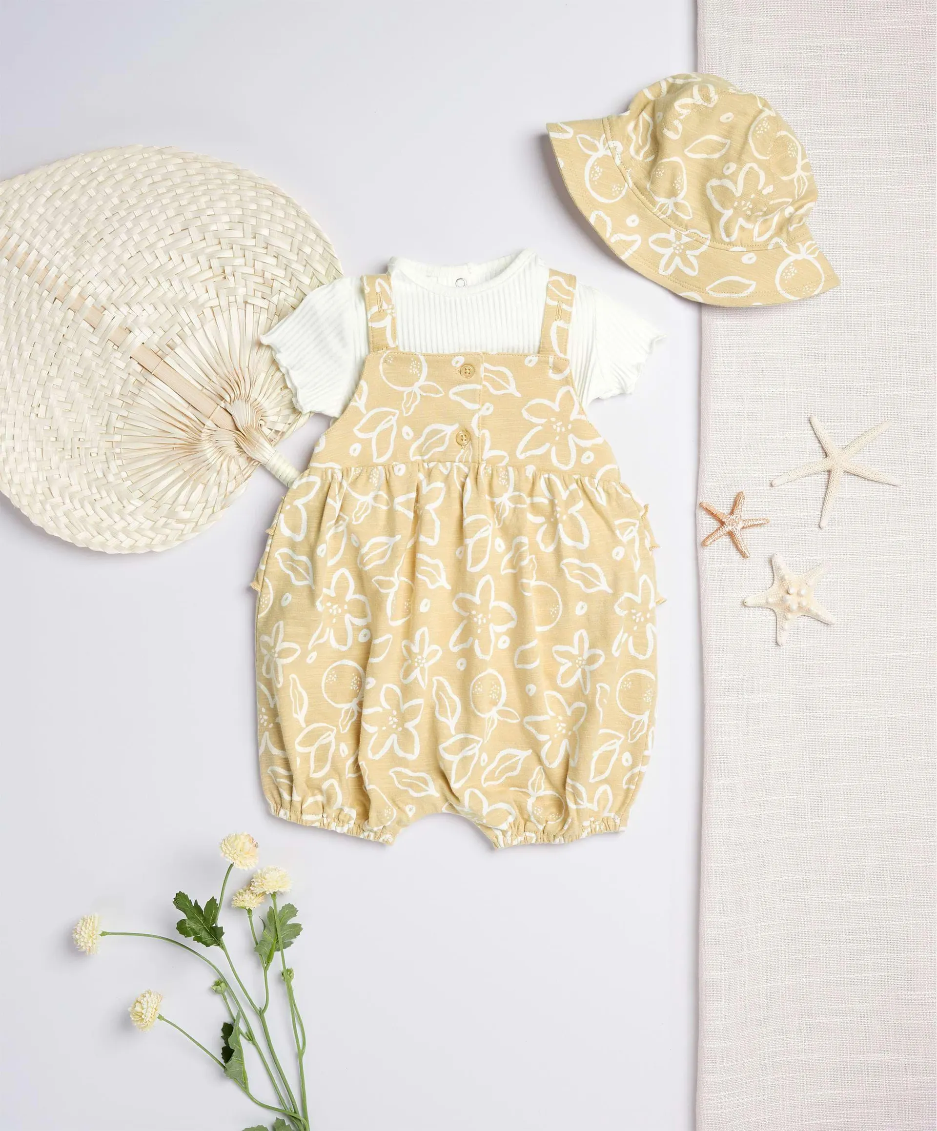 Yellow Fruit Blossoms Romper and White Frill Bodysuit - 2 Piece Set