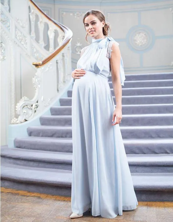 Sky Blue Maternity & Nursing Gown with Neckline Tie