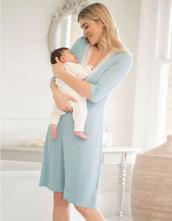 Sage Dot Lace Trim Maternity & Nursing Nightie