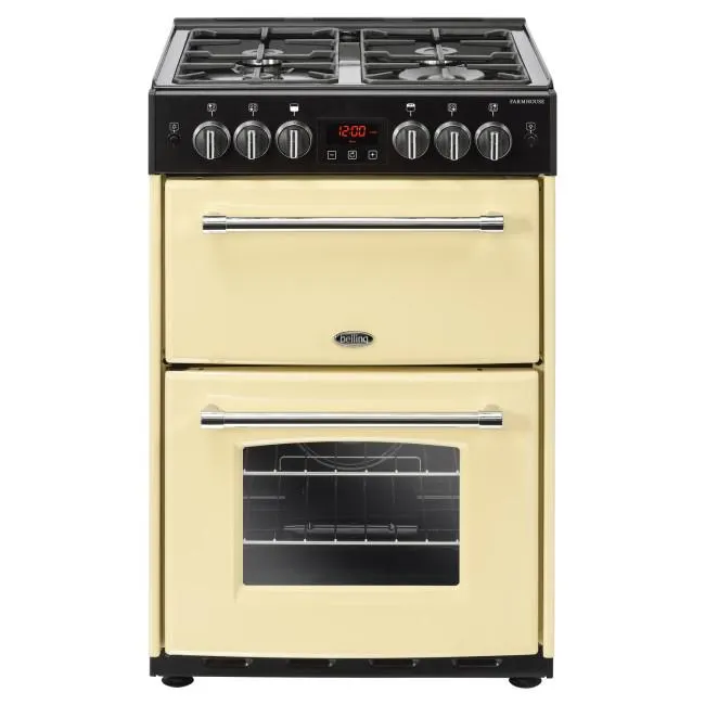 Belling Farmhouse 60G 60cm Double Oven Gas Cooker With Cast Iron Pan Stands - Cream