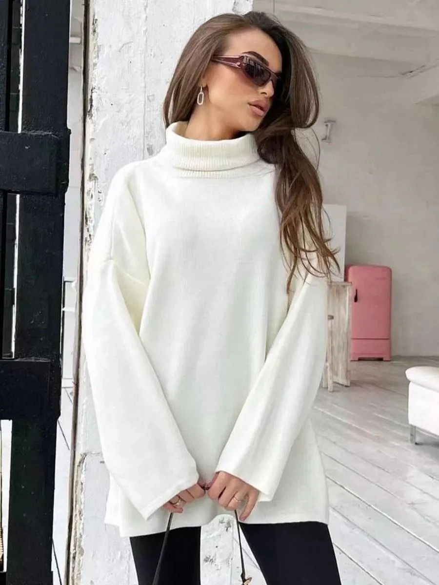 Pullovers For Women High Collar Long Sleeves Solid Color Classic Sweaters