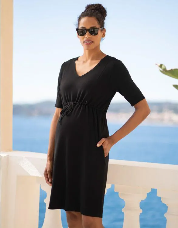 Black Drawstring Maternity to breastfeeding Dress