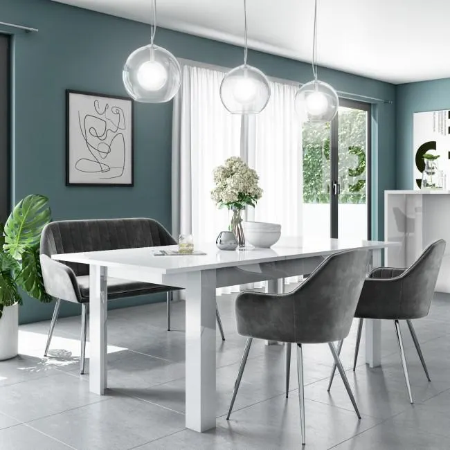 White Gloss Extending Dining Table Set with 2 Grey Velvet Chairs & 1 Bench - Seats 4 - Vivienne