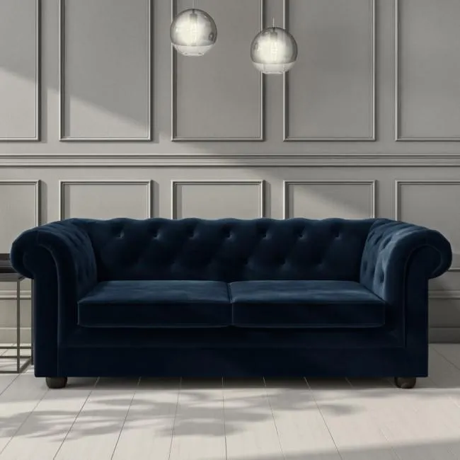 Navy Velvet Chesterfield Pull Out Sofa Bed - Seats 3 - Bronte