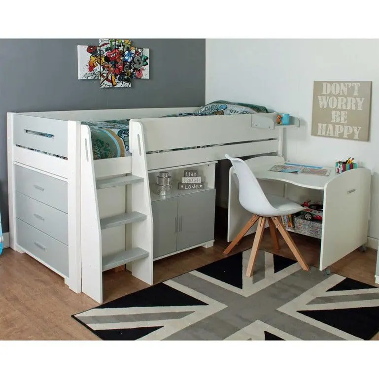 White Wood Children's Midsleeper Single Bed Frame With Pull Out Desk, Drawers and Storage, Grey