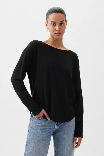 Linen Blend Long Sleeve Boatneck T-Shirt